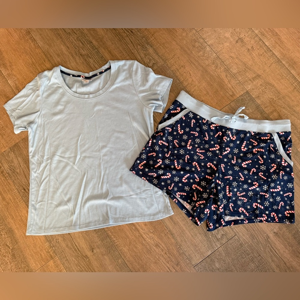 LuLaRoe Light Blue and Navy Pajama Set with Candy Cane Print